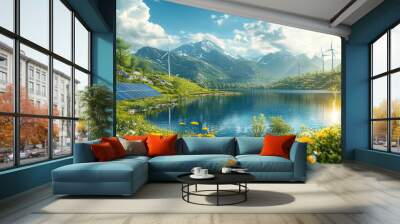 By the high mountain lake, wind turbines Wall mural