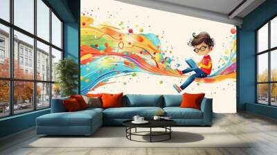 Children reading books, illustrations Wall mural