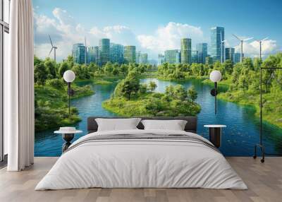 Coastal urban buildings and wind turbines Wall mural