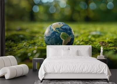 Earth day. Globe nestled in grass with daisies, highlighting Earth's natural beauty and ecology Wall mural