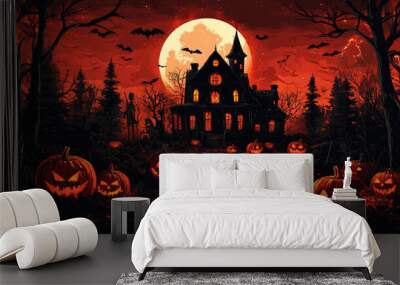 Halloween night, castle and pumpkin Wall mural