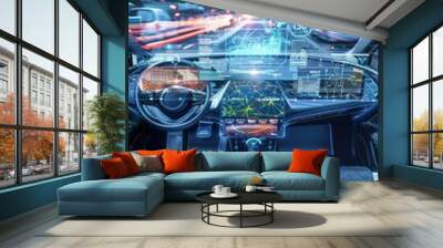 Interior of autonomous vehicles on urban roads Wall mural