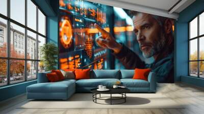 Male Engineer Touching Electronic Screen Wall mural