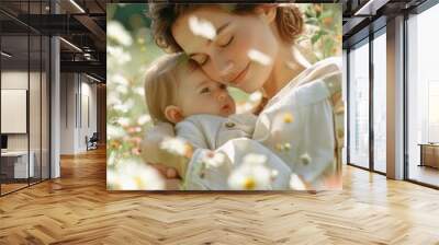 Mother and baby in the flower bushes in the outskirts Wall mural