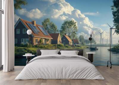 Rural houses and wind turbines, blue sky Wall mural