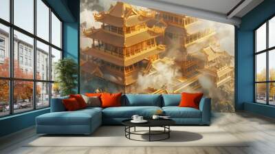 The golden palace shrouded in clouds and mist in the valley Wall mural