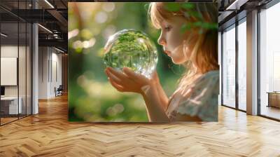 The little girl holds the Earth in her hand Wall mural