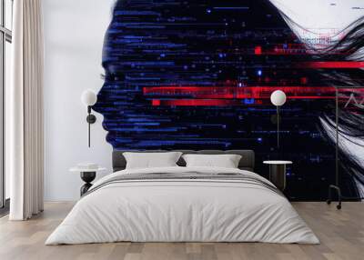 The long hair composed of a woman's head, data, and electronics Wall mural