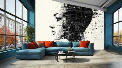 The long hair composed of a woman's head, data, and electronics Wall mural