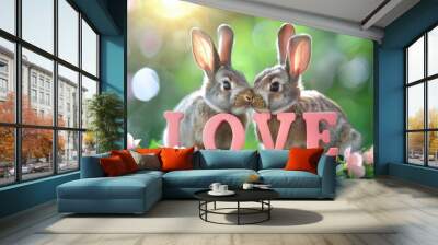 Two gray rabbits and love Wall mural