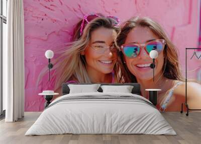 Two young women playing selfies Wall mural