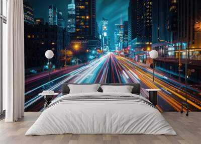 Vehicle trajectories on city roads at night Wall mural