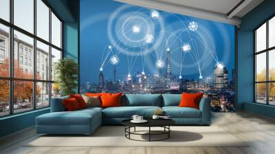 Wifi icon and cityscape and network connection concept. Wall mural