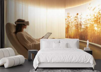 Young women watching VR movies and TV shows indoors Wall mural