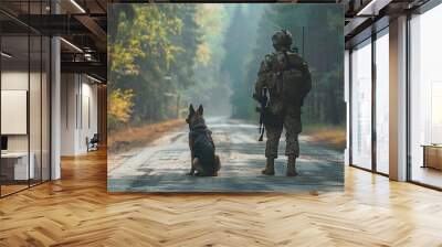 A soldier stands on a forest road with a dog Wall mural