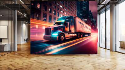 A truck speeding in the city at night with tail lights giving a speed impression. Generative Ai Wall mural