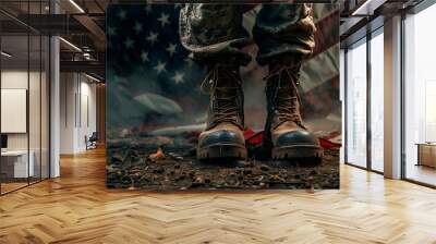 american soldier with military shoes, usa flag Wall mural