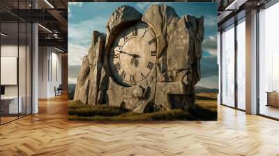 Ancient world clock in the rock. generative AI Wall mural