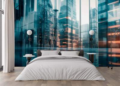 Background of future urban and corporate architecture. Real estate idea with bokeh, motion blur, and a reflection in a glass panel of a skyscraper facade , Beautiful color grading, Unreal Engine. Gene Wall mural