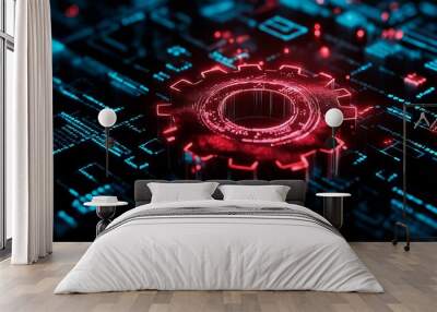 blue gear wheel and circuit board. technology and innovation concept Wall mural