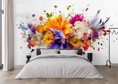 colorful flower explosion on white background, created. Generative AI Wall mural