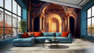 Columns and a golden luxury classic arch. the baroque style portal. The fairy palace's entryway. Generative ai Wall mural