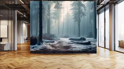 dark foggy forest with bare trees Wall mural