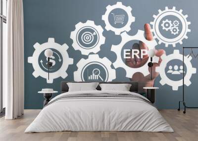 ERP and gear icons. Enterprise resource planning concept. Man tapping on the screen Wall mural