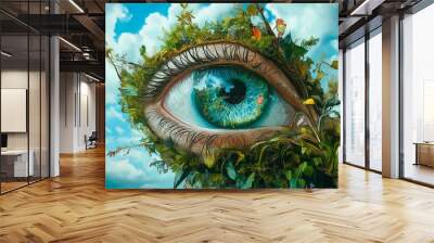 eye of a girl with a flower and a green leaf on the background of the forest. Wall mural