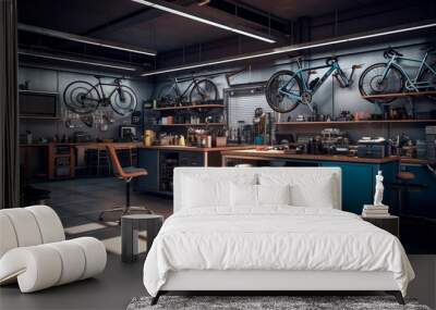 Interior of modern bicycle garage or workshop with many professionals tools and equipment. Generative AI Wall mural