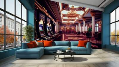 Luxury casino interior with lots of slot machines. Generative AI Wall mural