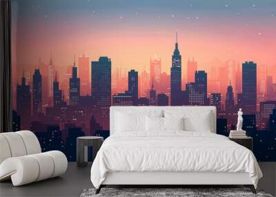 night cityscape with buildings and silhouettes of city lights. Wall mural