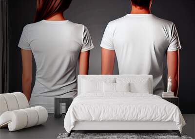 T-shirt mockup. White blank t-shirt front and back views. Female and male clothes wearing clear attractive apparel t shirt models template. AI generative Wall mural