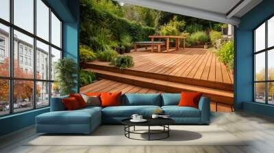 The exterior of a back garden patio area with wood decking. Generative AI Wall mural