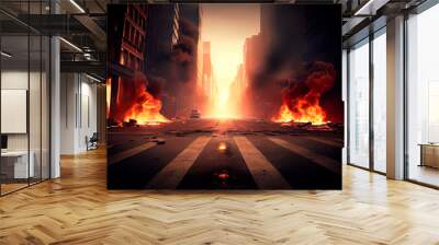 The post-apocalyptic city is on fire. Generative AI Wall mural