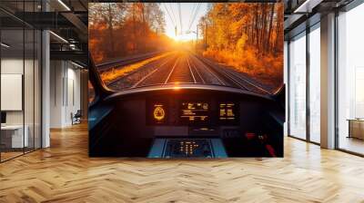 View from inside the train on the flight and autumn landscape Wall mural