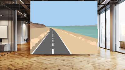 Dead Sea landscape. Coastline with mountains, road and salt sea water. Israel. Vector flat illustration. Wall mural