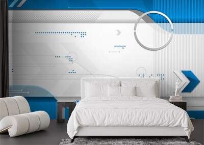 Vector illustration of a blue futuristic technological abstract background with arrows, binary code, dynamic lines and shapes, vertical lines, circles, dots, curves and various flowing shapes. Wall mural