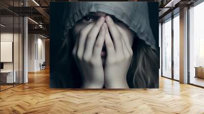 Close-up portrait of a fearful young girl with a hood covering her eyes and face with her hands - mental health, isolated, black background Wall mural