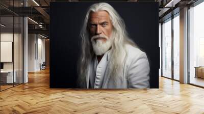 Close-up portrait of a handsome older man with blue gray eyes, long white hair, and a white beard, wearing a white shirt and jacket - copy space, isolated, black background Wall mural