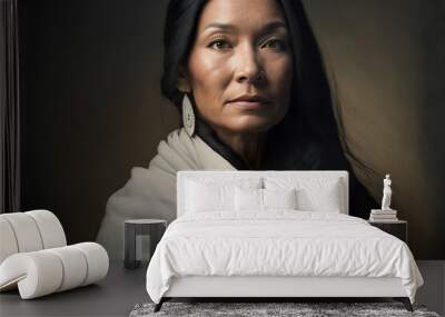 Close-up portrait of a middle-aged native american / indigenous woman with long dark hair on a dark background, not based on a real person, Generative AI Wall mural