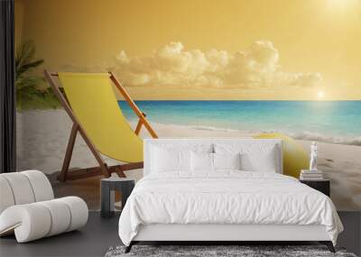 Umbrella and chair on tropical beach and sea summer vacation Wall mural