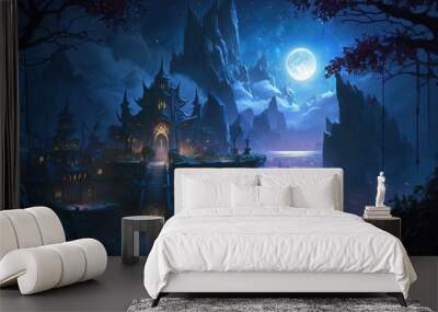 A fantasy castle in a heavily forested city at night Generative AI Wall mural