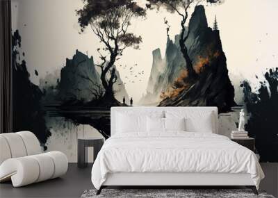 Inception like landscape with trees and waterfall, dark water paint. Generative AI Wall mural