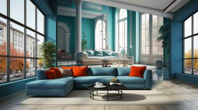 Pastel blue modern home interior with luxury pool and designer furniture Generative AI Wall mural