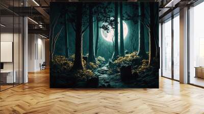 Three well in the forest moon light night Generative AI Wall mural