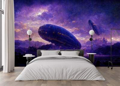 Alien space ship on another planet, violet and blue tones, space travel Wall mural