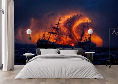 Burning sailing ships in the sea. Red and blue colors. Generative ai.  Wall mural