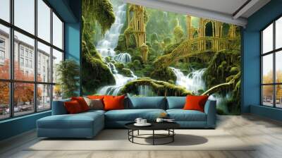 Elven castle near waterfall in the forest, magical fairy world  Wall mural