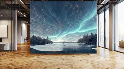 Magical winter snow covered landscape, northern lights in the sky reflecting on the lake, icy blue colors,  Wall mural